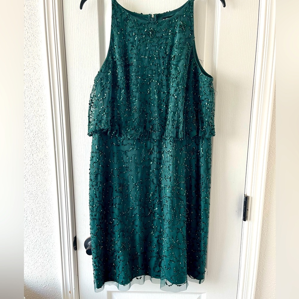 Hunter Green Women's Beaded Halter Blouson Sleeveless Dress